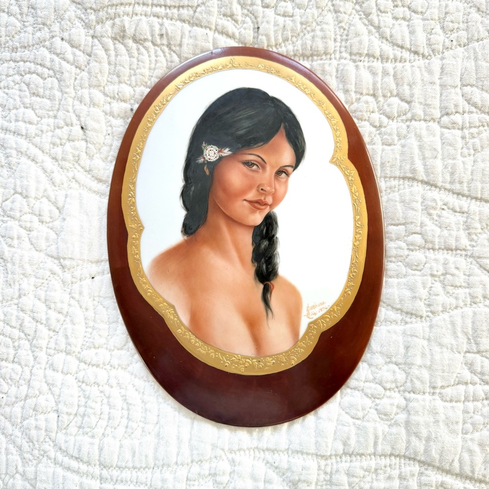 Vintage 70s Porcelain Portrait Painting Beautiful Woman Dark Hair Original Art